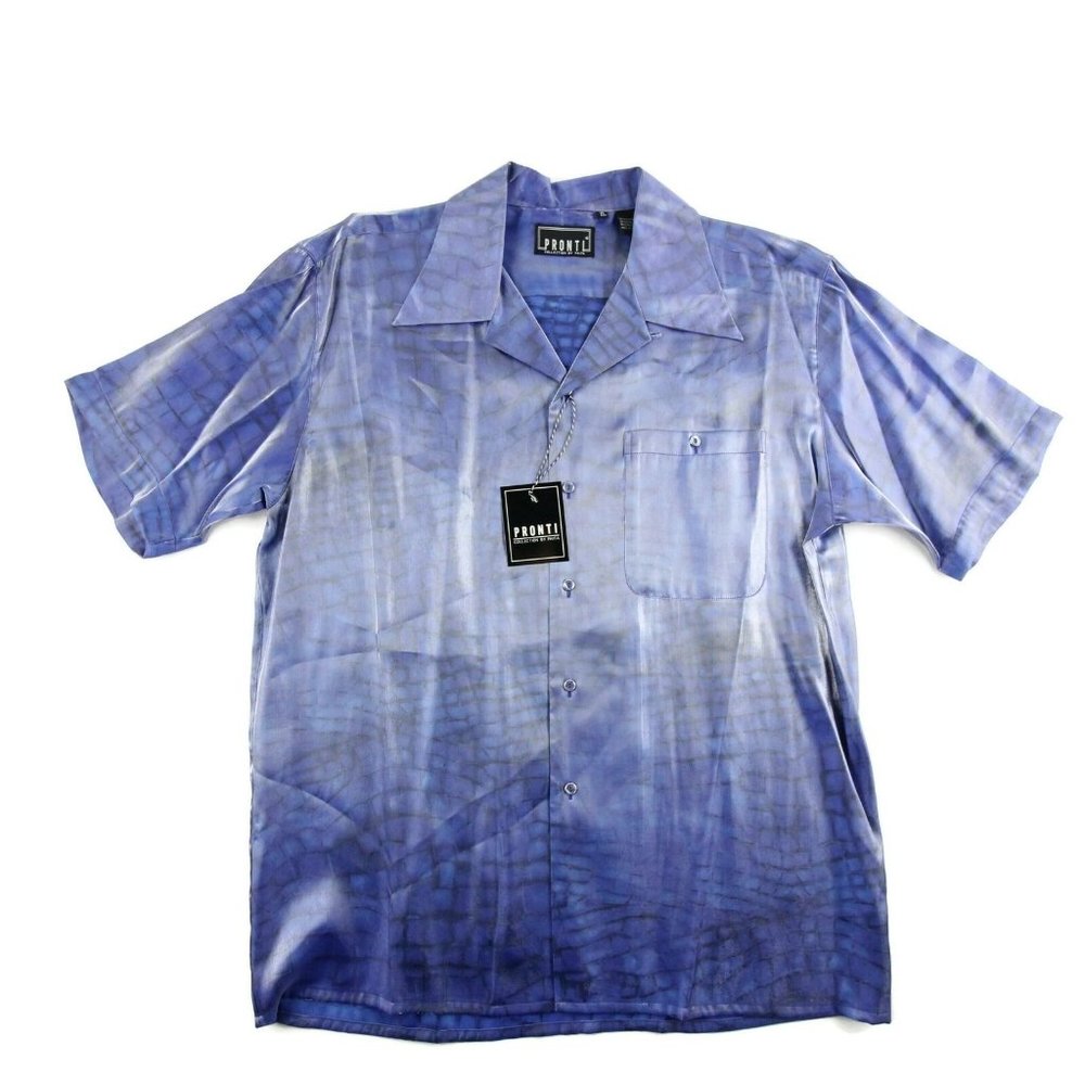 NWT Pronti Mens Button Up Shirt Blue Animal Print Short Sleeve Size XL